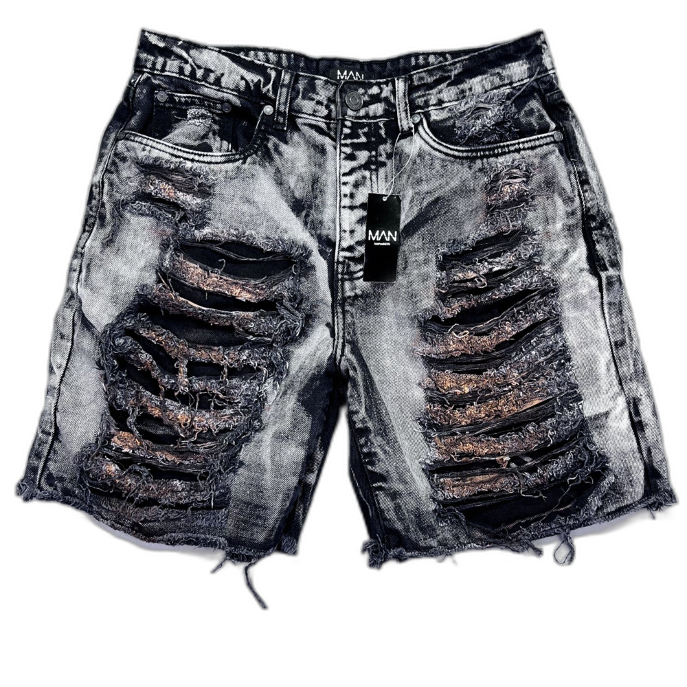 BoohooMAN‎ Relaxed Rigid Extreme Ripped Tinted Denim Jorts In Mid Grey Size 30